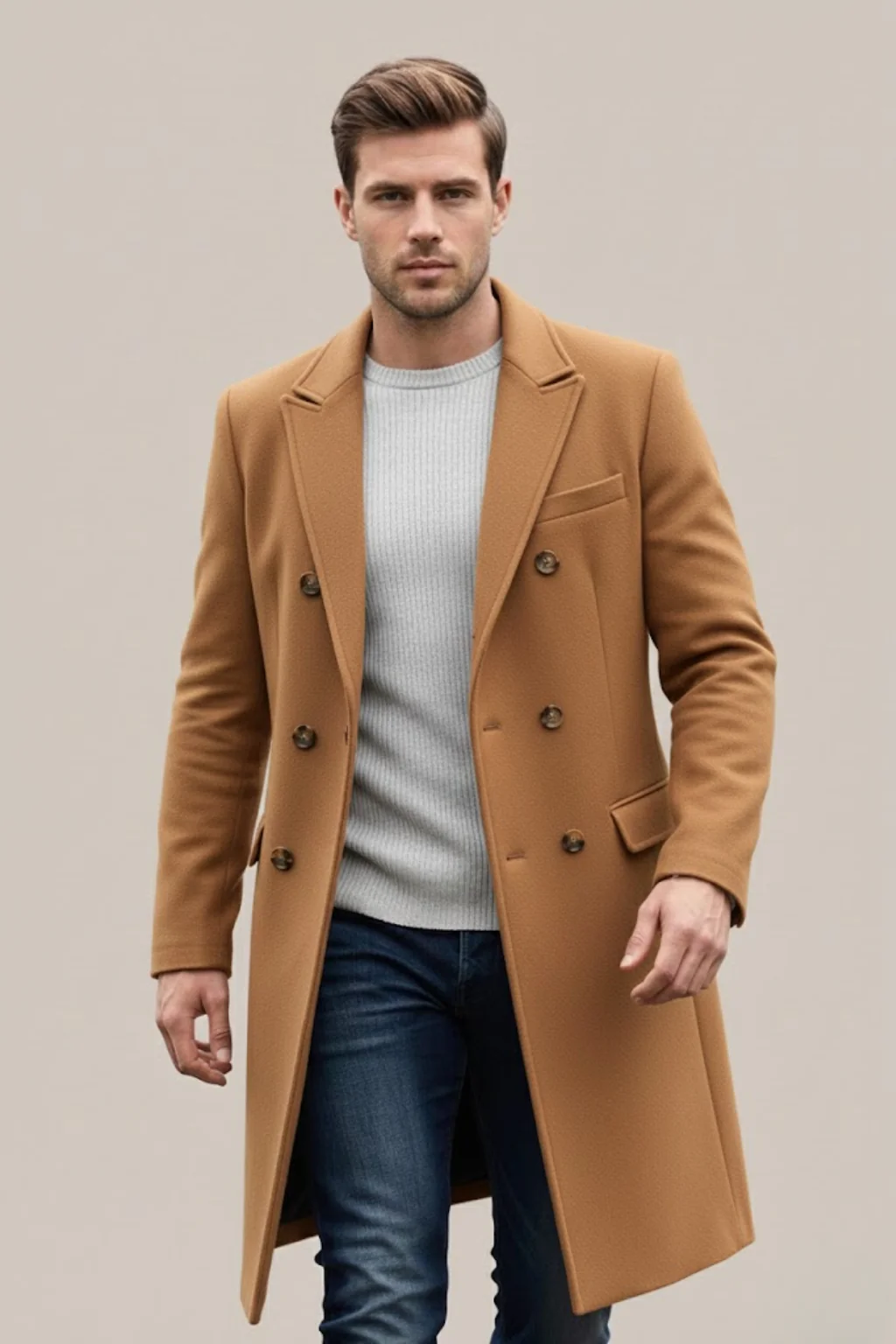 Men Structured Camel Trench Coat